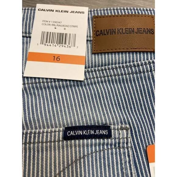 Calvin Klein Jeans Womens Shorts Sz 16 Roll Cuff Denim Stripe Blue High‎ Rise - Picture 4 of 7